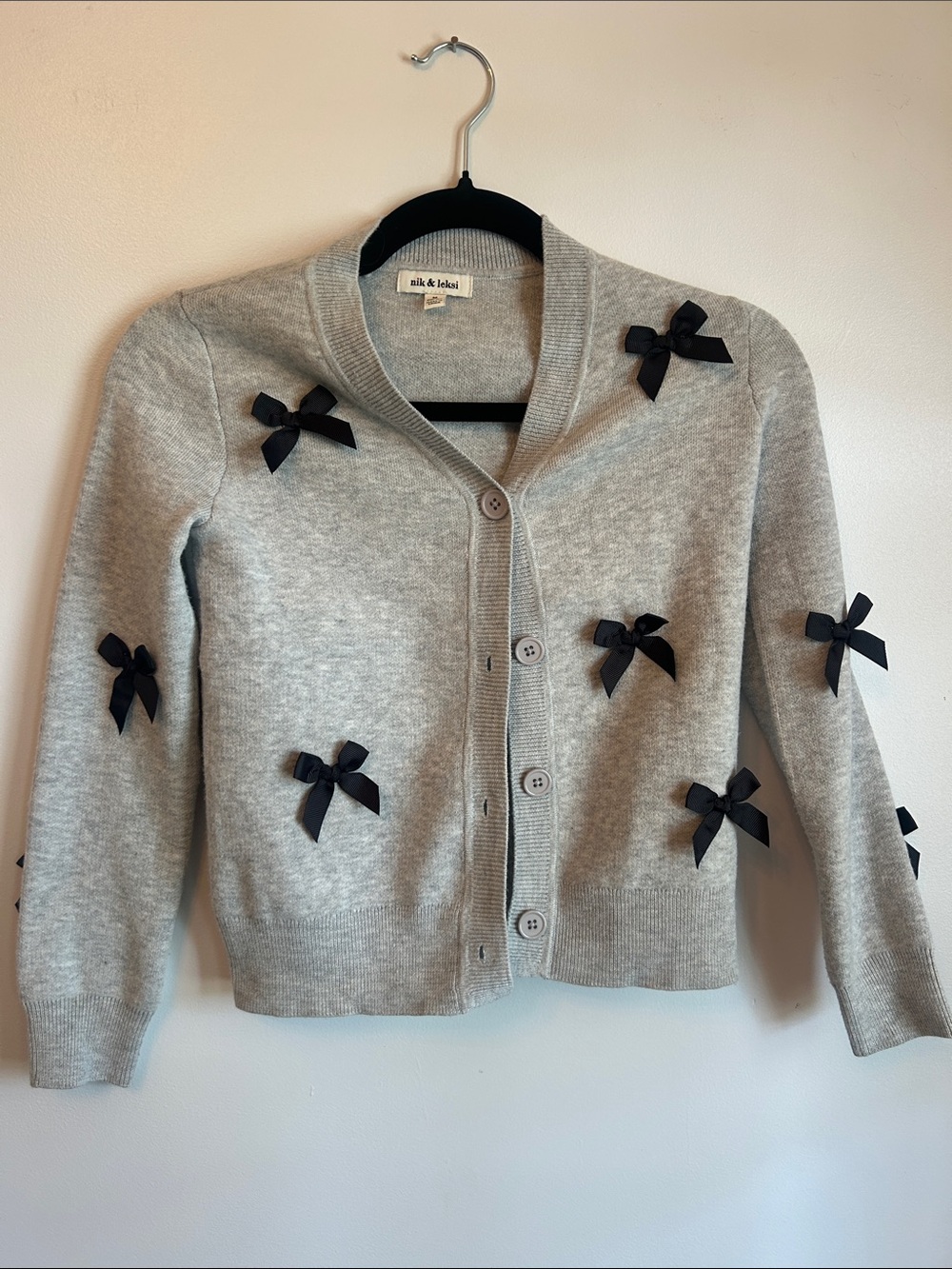 Gray Bow Accent Cardigan Sweater